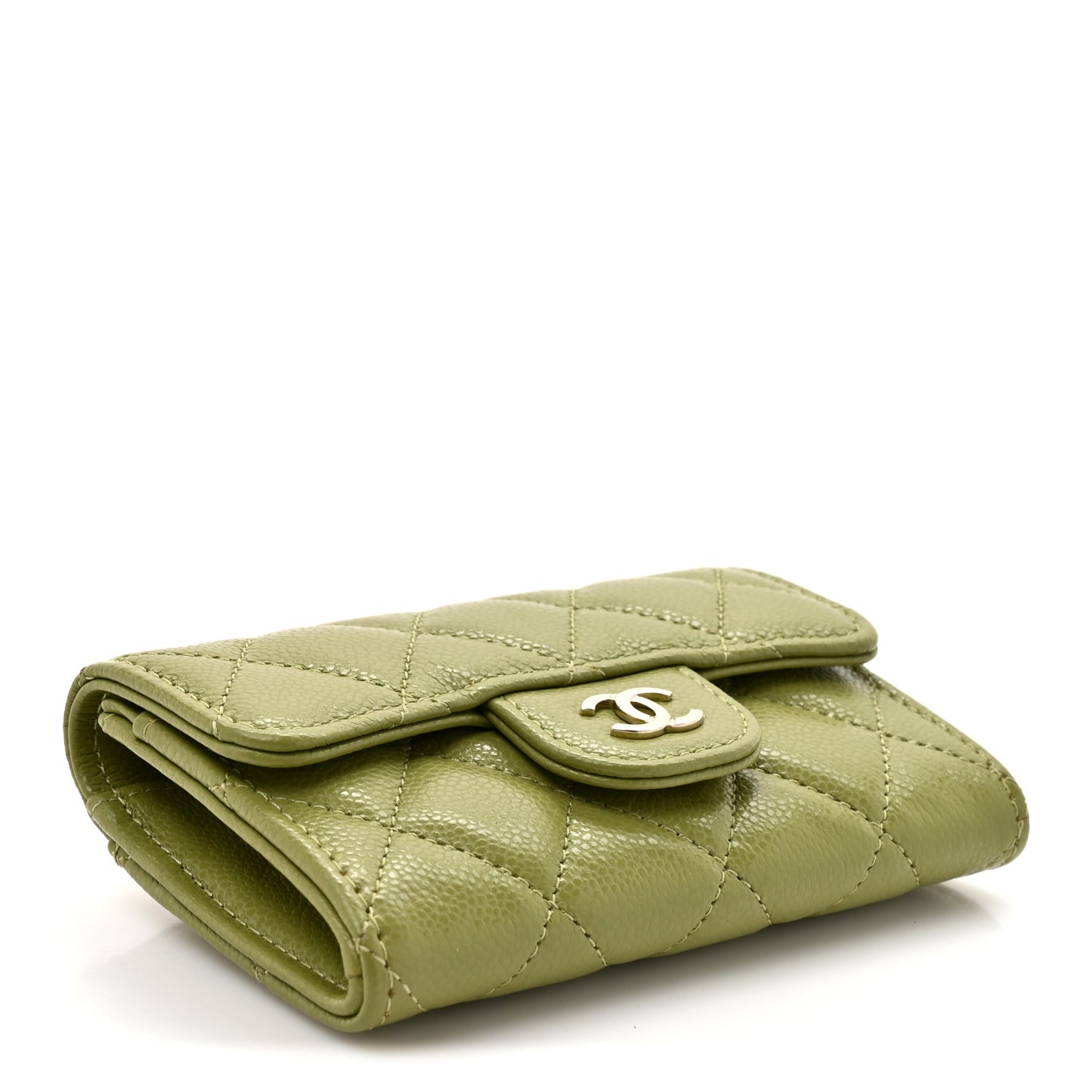 Caviar Quilted Flap Card Holder Wallet Khaki