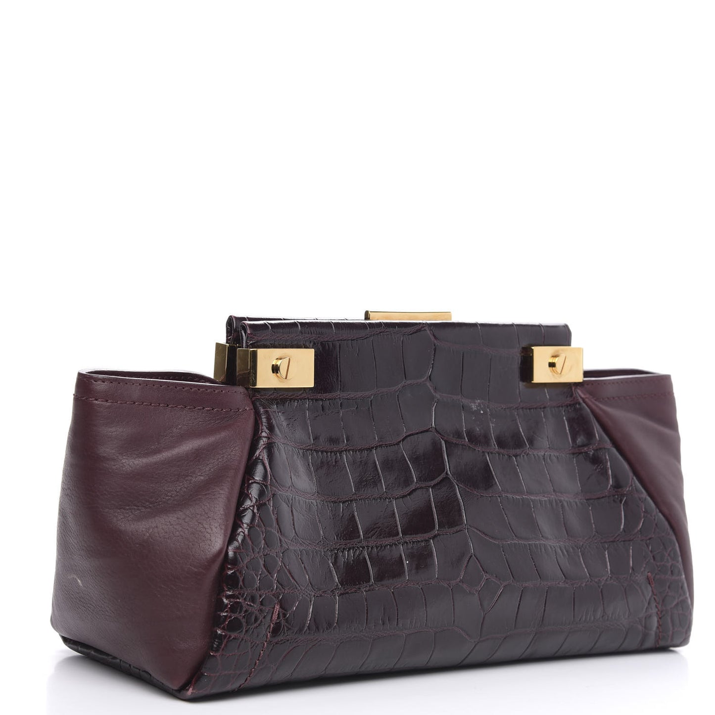 Crocodile Stamped Calfskin Trilogy Clutch Aubergine