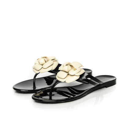 Chanel Jelly Camellia Thong Sandals 39 Black Ivory 3 of 7