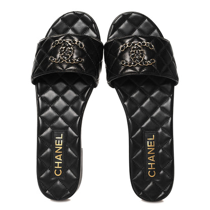 Chanel Shiny Goatskin Quilted CC Mules Sandals 40 Black 2 of 9
