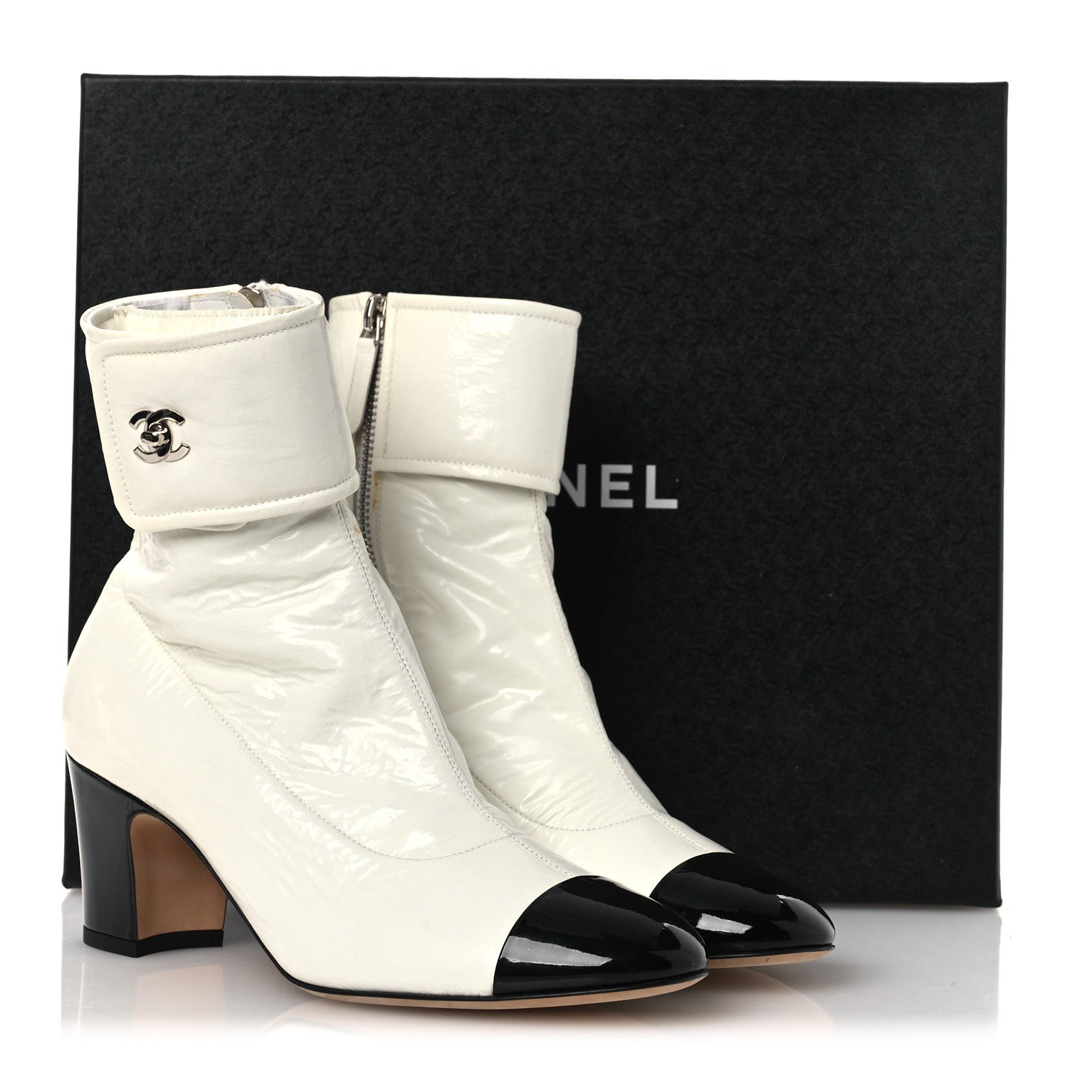 Chanel Crumpled Patent Calfskin Cap Toe CC Turnlock Ankle Short Boots 37.5 Ivory Black 15 of 15