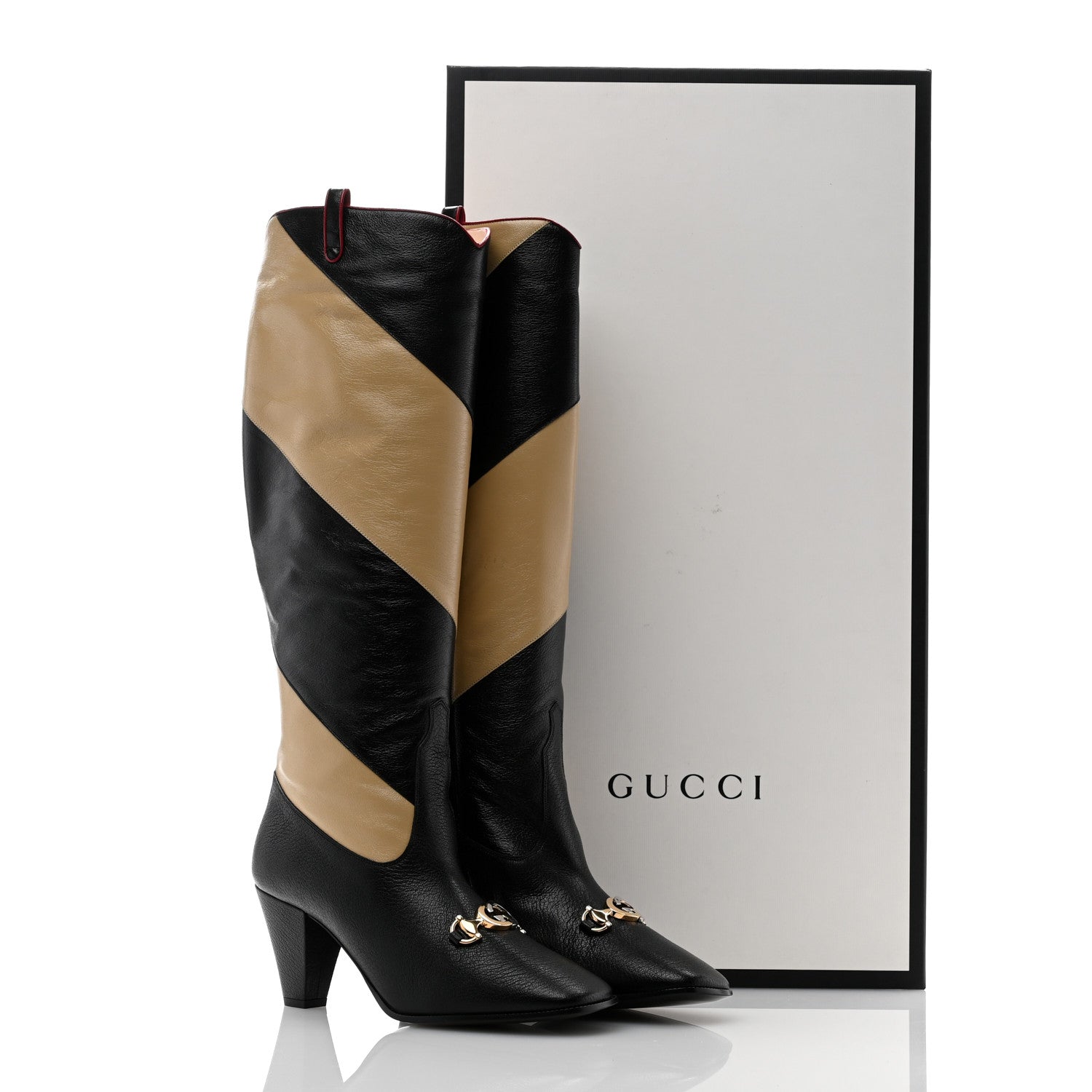Gucci Calfskin Wrinkled Kid Diagonal Striped Zumi Knee Boots 38.5 Black Beige Romantic Cherry 11 of 11
