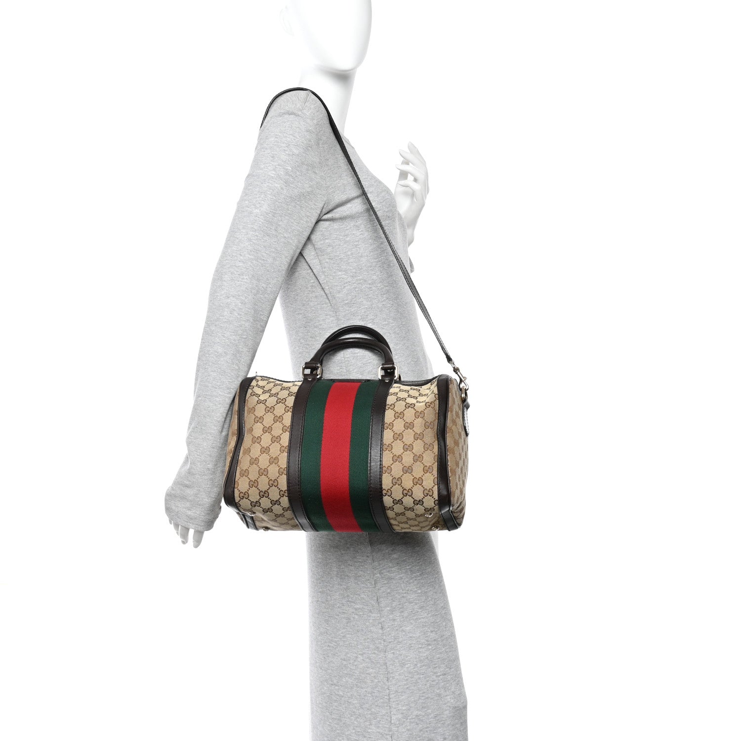 Gucci Monogram Selleria Calfskin Vintage Web Medium Boston Beige Ebony Cocoa 2 of 10