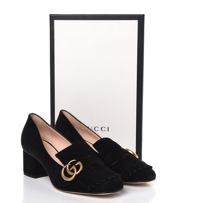 Gucci Kid Scamosciato GG Marmont Fringe 50mm Loafer Pumps 38 Black 9 of 9