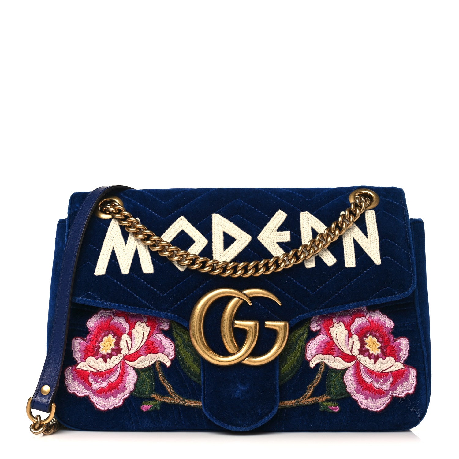 Gucci Velvet Matelasse Modern Embroidered Medium GG Marmont Shoulder Bag Cobalt 1 of 8