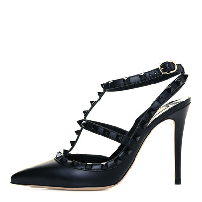 Valentino Garavani Calfskin Lacquered Monochrome Rockstud Ankle Strap 100mm Pumps 37 Black 1 of 8