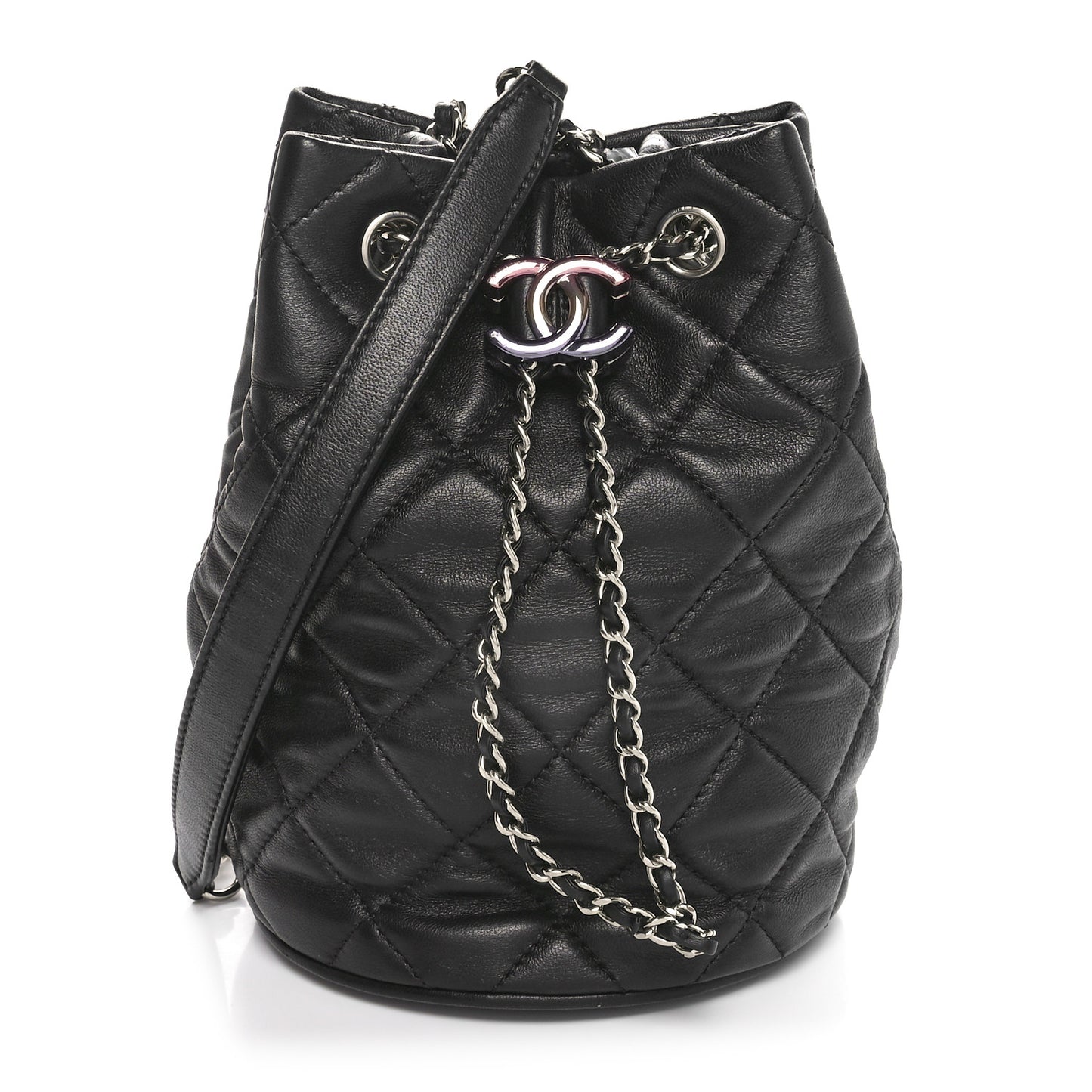 Lambskin Quilted CC Drawstring Bucket Bag Black