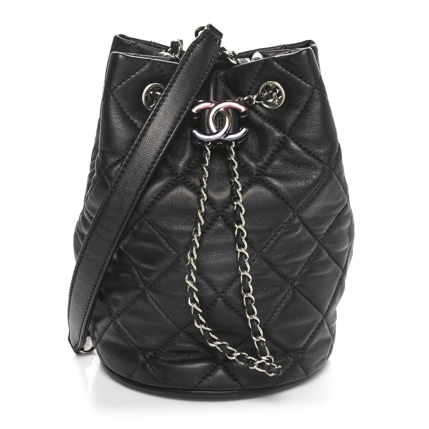 Chanel Lambskin Quilted CC Drawstring Bucket Bag Black 1 of 10