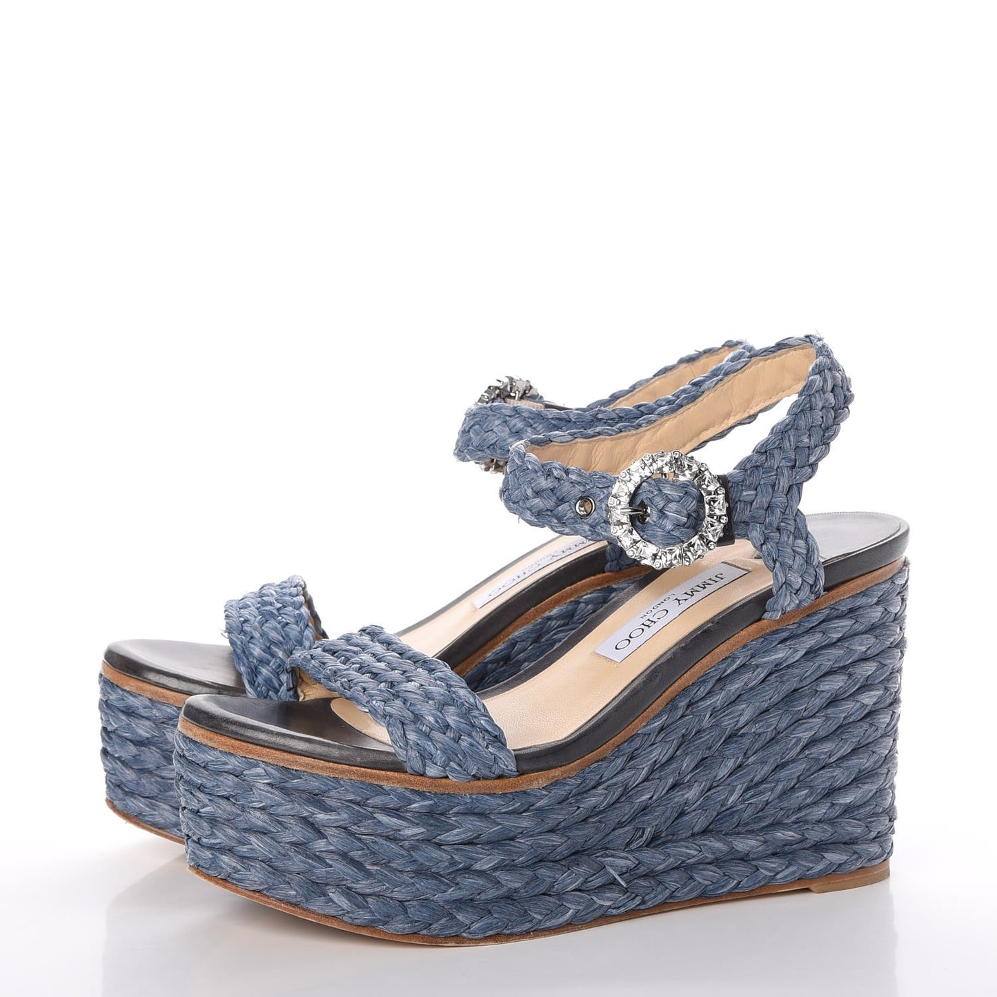 Woven Raffia Crystal Buckle Nylah 100 Platform Wedges 39 Dusk Blue