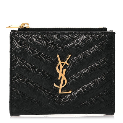 Saint Laurent Grain De Poudre Matelasse Chevron Monogram Zipped Card Case Black 1 of 9