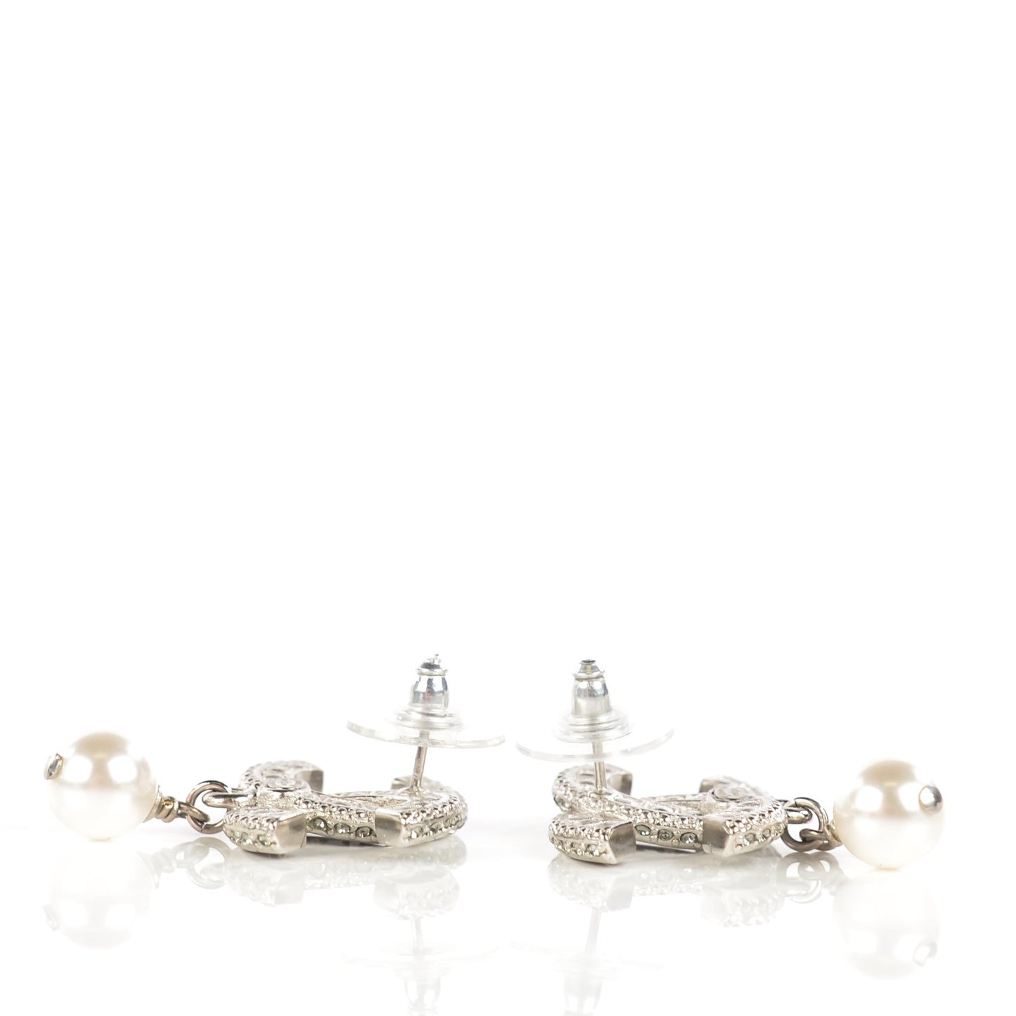 Crystal Baguette Pearl CC Drop Earrings Silver