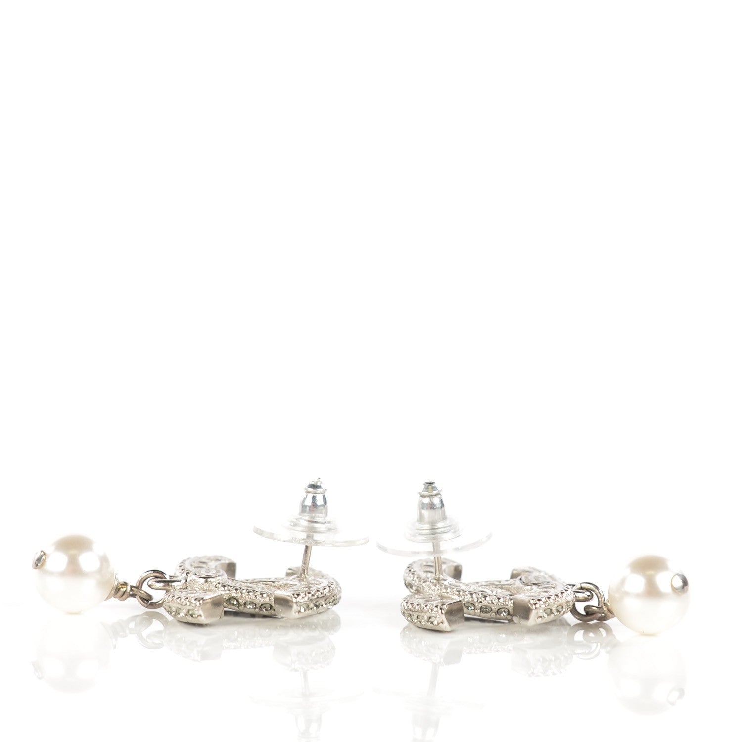 Chanel Crystal Baguette Pearl CC Drop Earrings Silver 4 of 5