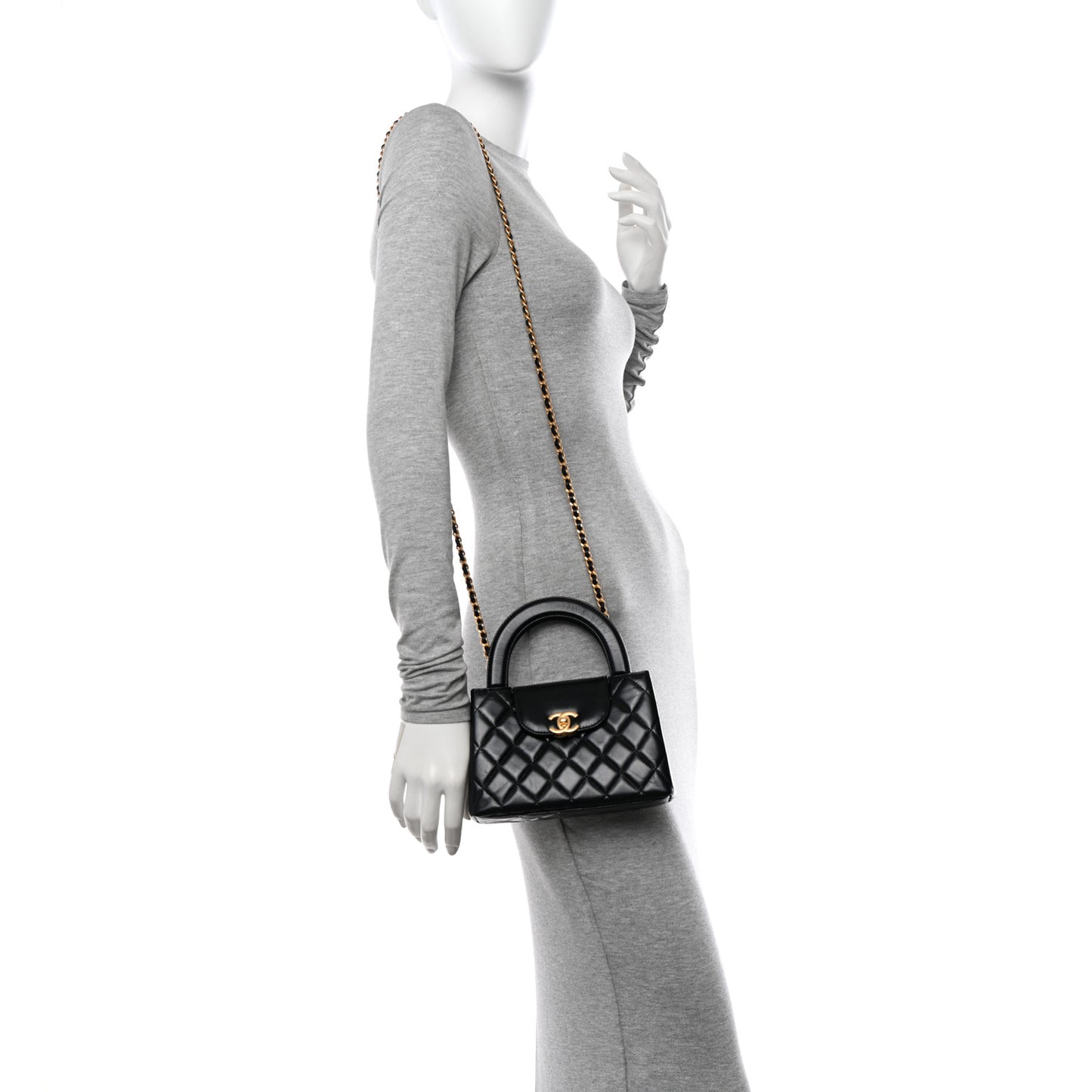 Shiny Aged Calfskin Quilted Nano Kelly Shopper Black