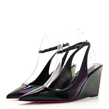 Christian Louboutin Patent Iridescent Sling Condorage 85 Wedge Pumps 38.5 Black 3 of 8
