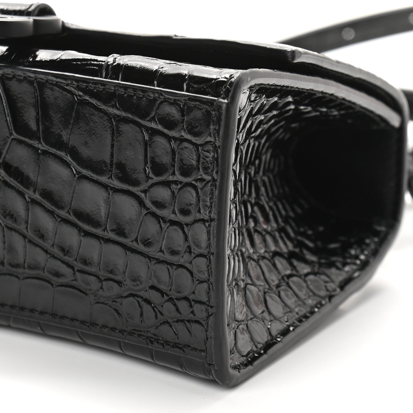 Shiny Calfskin Monochrome Crocodile Embossed Hourglass Top Handle Bag XS Black