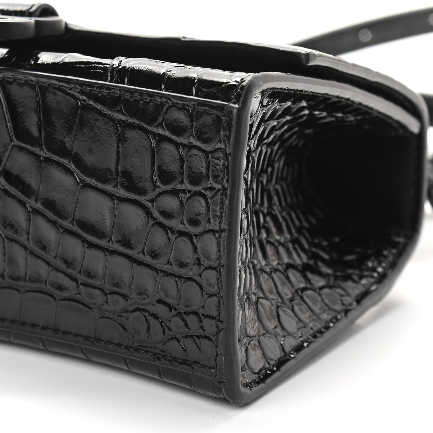 Balenciaga Shiny Calfskin Monochrome Crocodile Embossed Hourglass Top Handle Bag XS Black 8 of 9