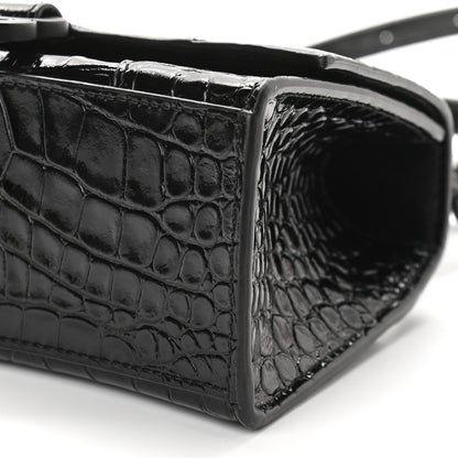 Balenciaga Shiny Calfskin Monochrome Crocodile Embossed Hourglass Top Handle Bag XS Black 8 of 9