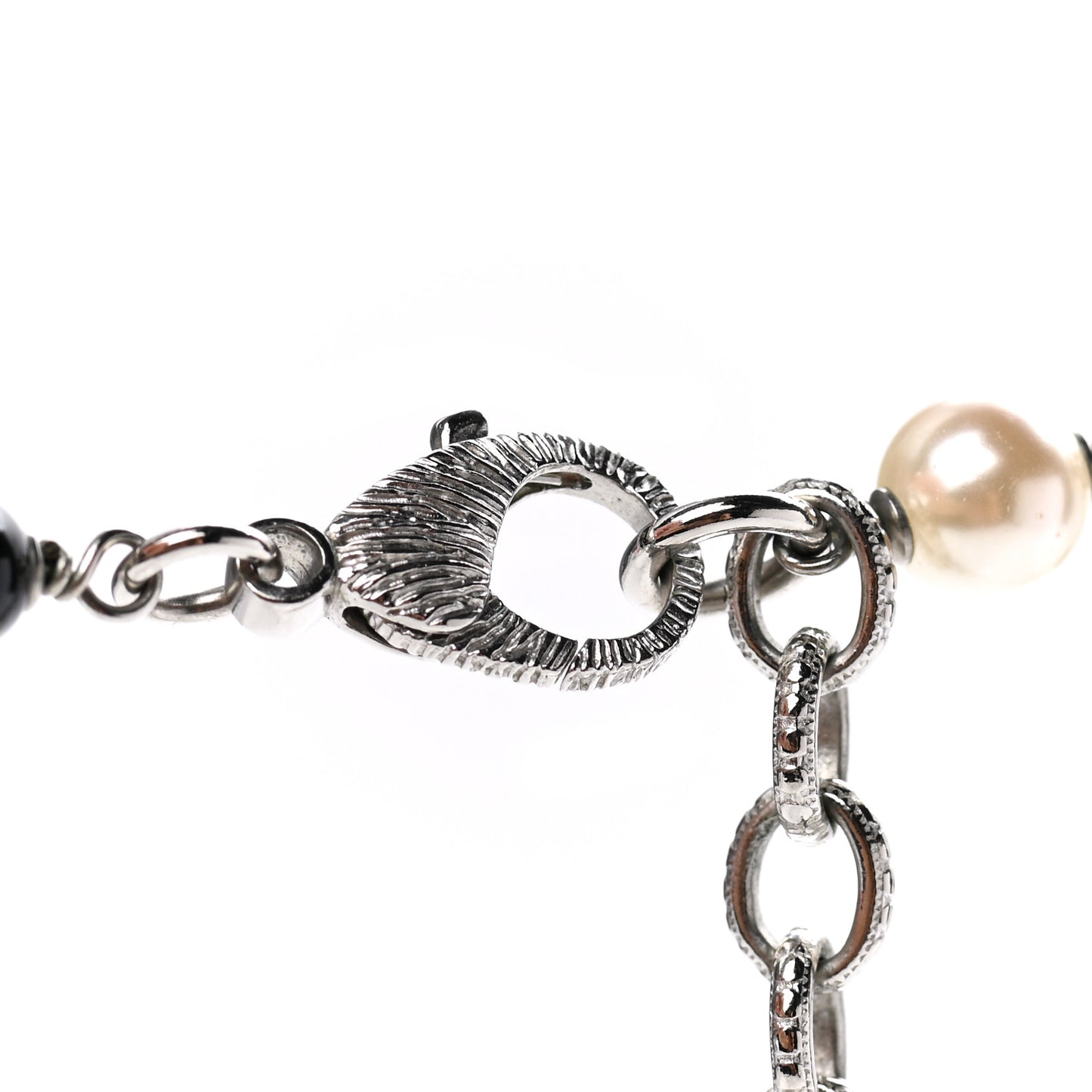 Pearl Crystal Bead CC Long Necklace Black Silver