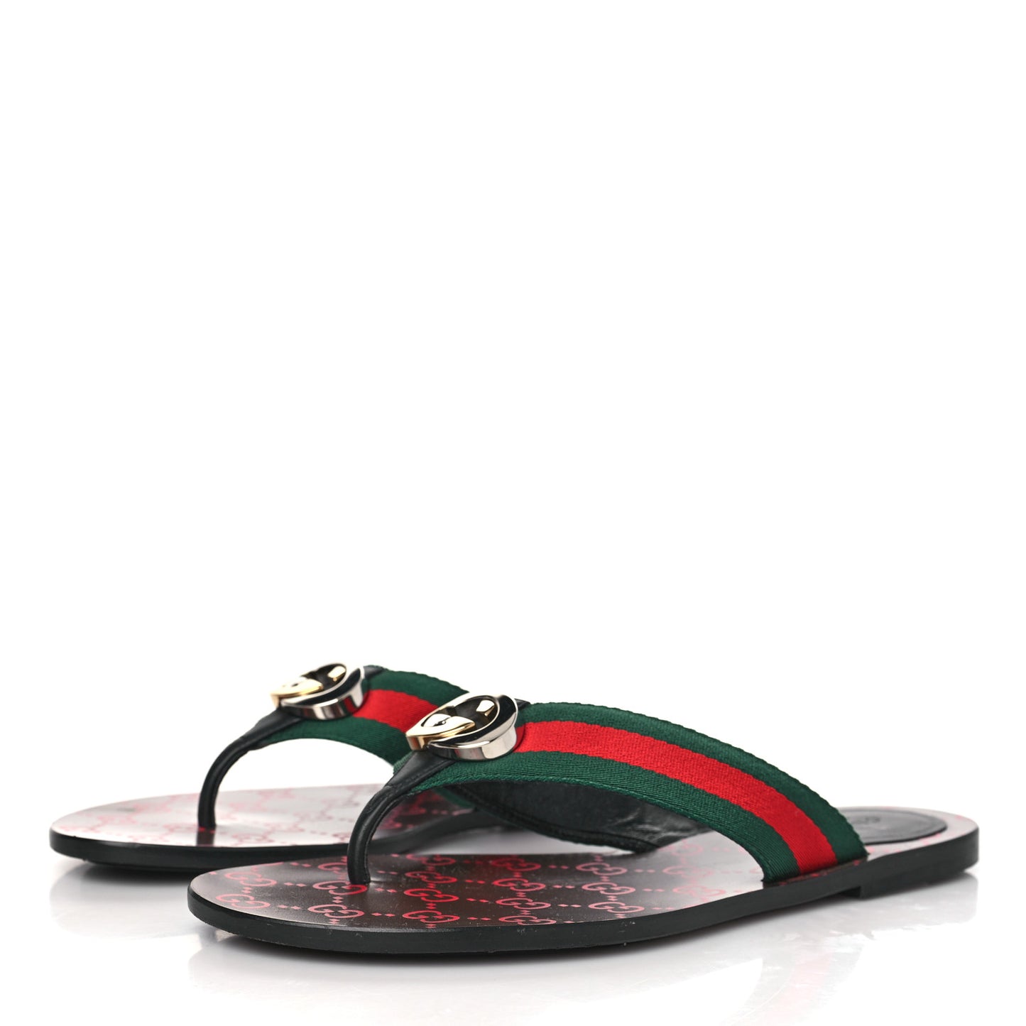 Nylon Calfskin Web GG Monogram Womens Thong Sandals 39.5 Green Red Cocoa