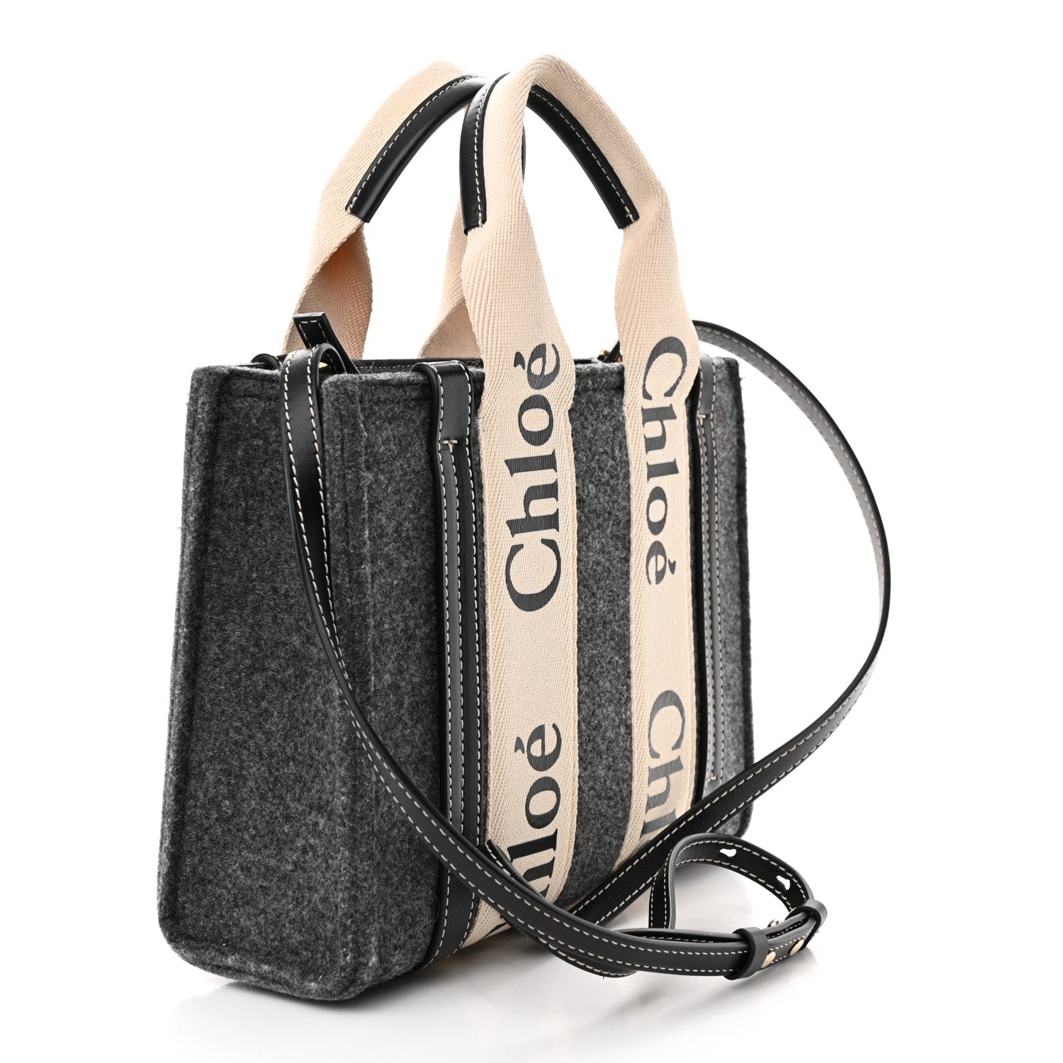 Chloe Felt Calfskin Small Woody Ribbon Tote With Strap Cashmere Grey 3 of 10