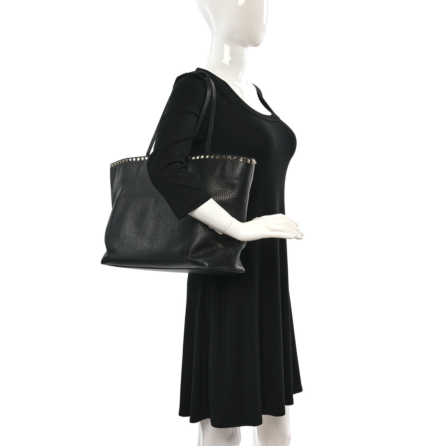 Grained Calfskin Rockstud Shoulder Tote Black