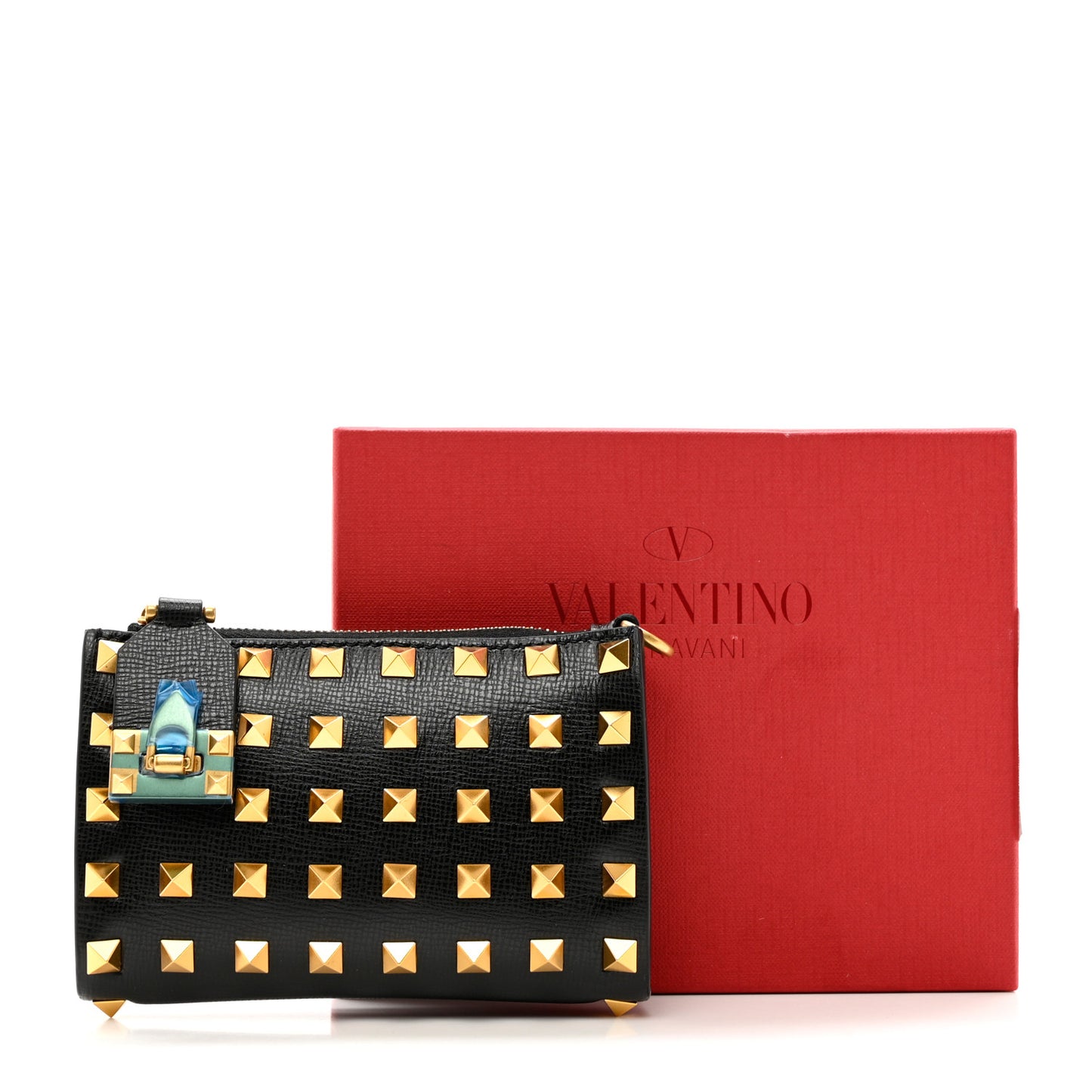 Grainy Calfskin Rockstud Allover Alcove Coin Case Card Holder Black