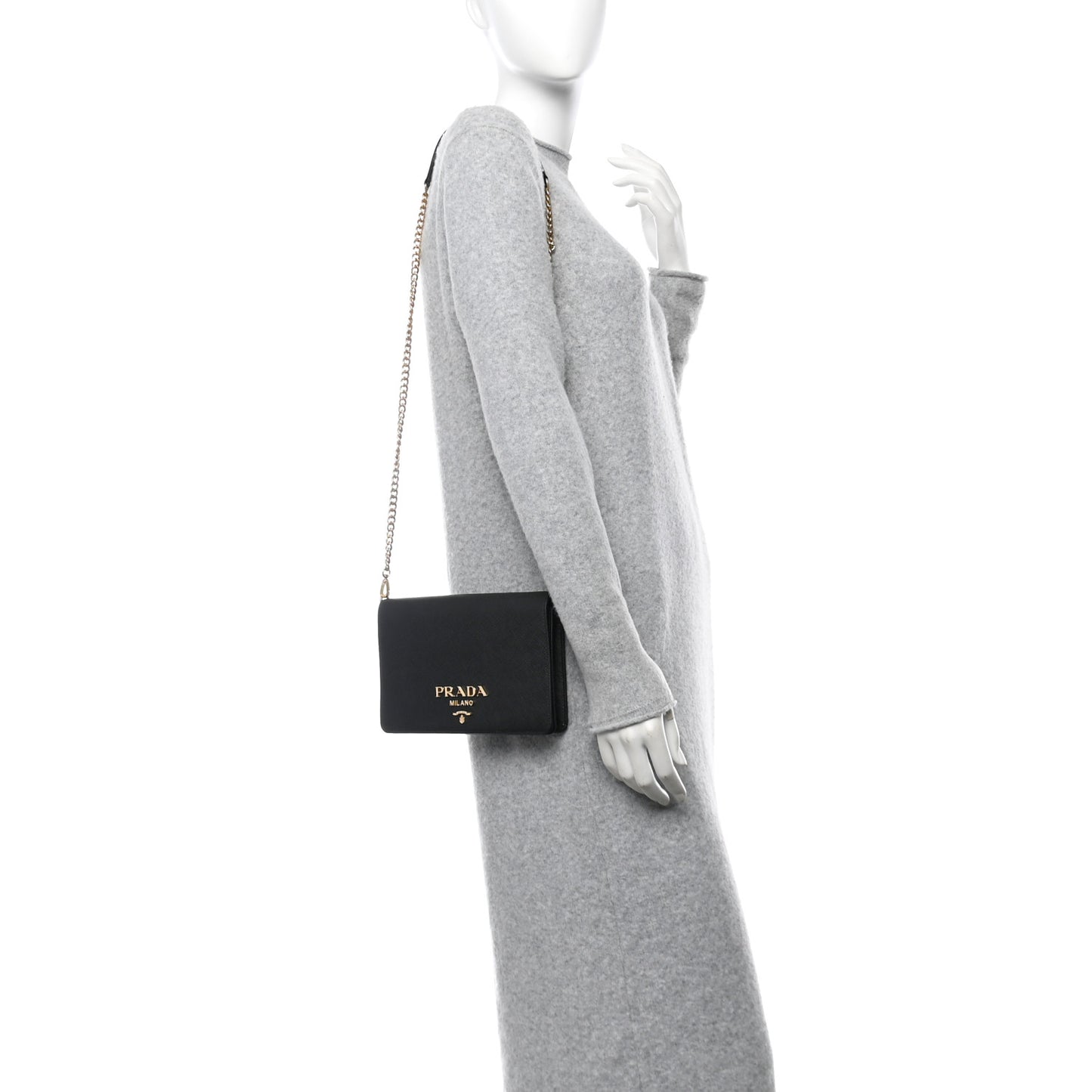 Saffiano Lux Metal Logo Mini Chain Flap Crossbody Bag Black
