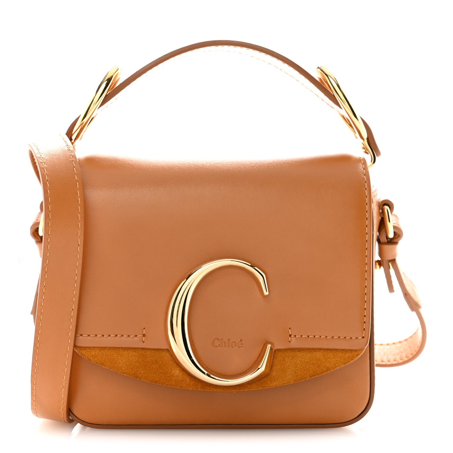 【お宝】Chloé キャメル ショルダーバッグ Chloe Calfskin Mini C Double Carry Autumnal Brown 1812094