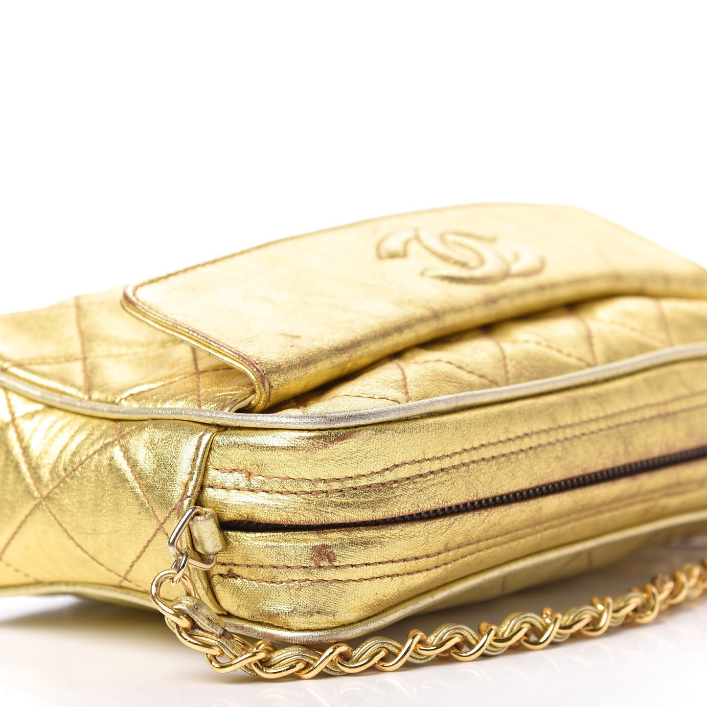 Metallic Lambskin Quilted Camera Case Gold