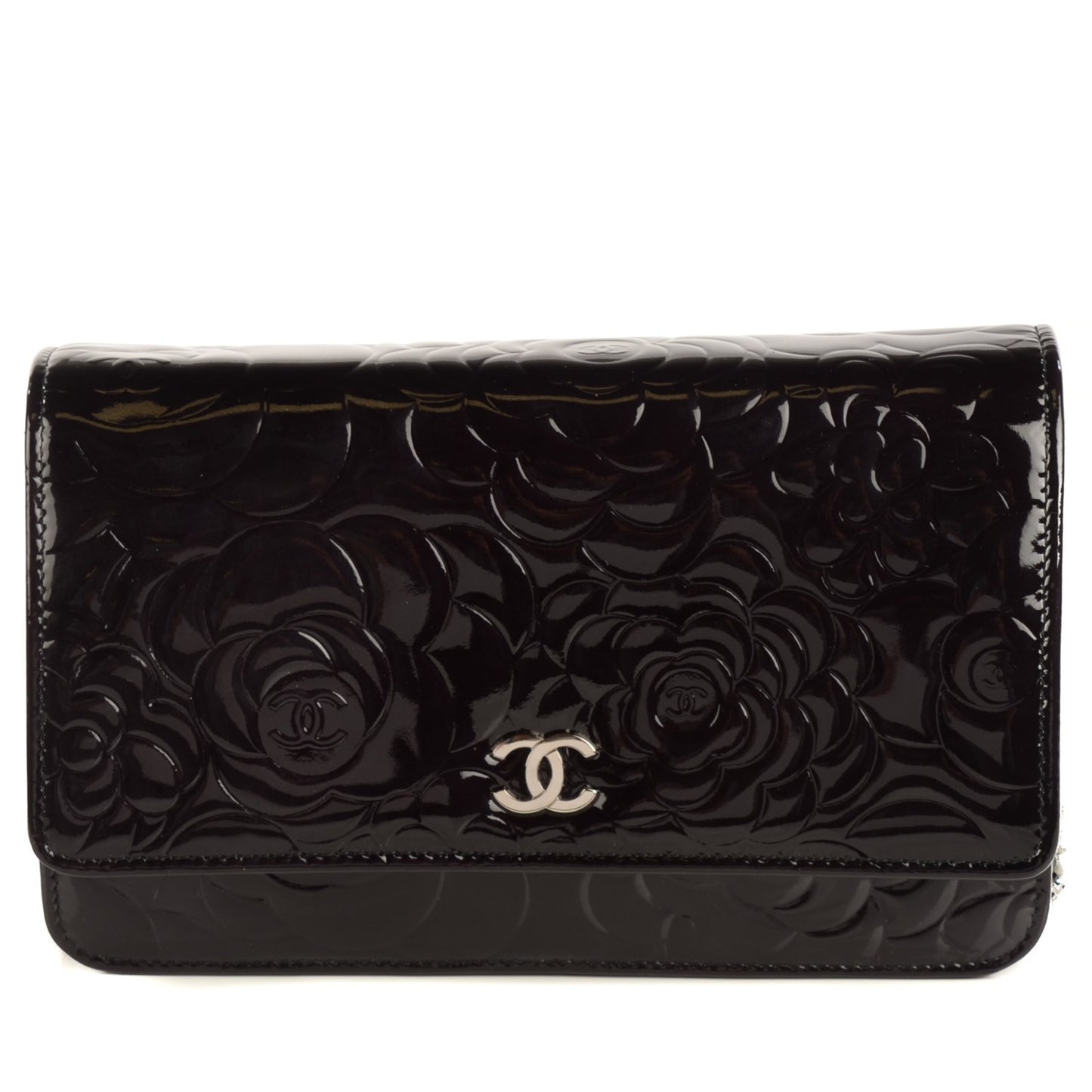 Patent Camellia Embossed Wallet On Chain WOC Black