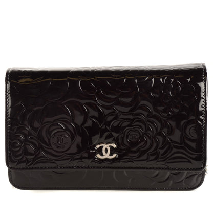 Chanel Patent Camellia Embossed Wallet On Chain WOC Black 1 of 9