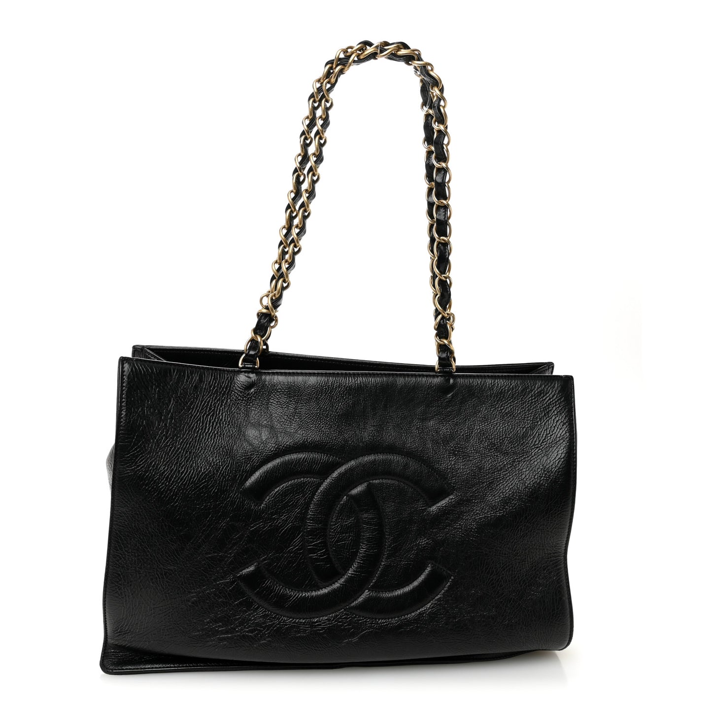 Shiny Aged Calfskin Shopping Bag Black