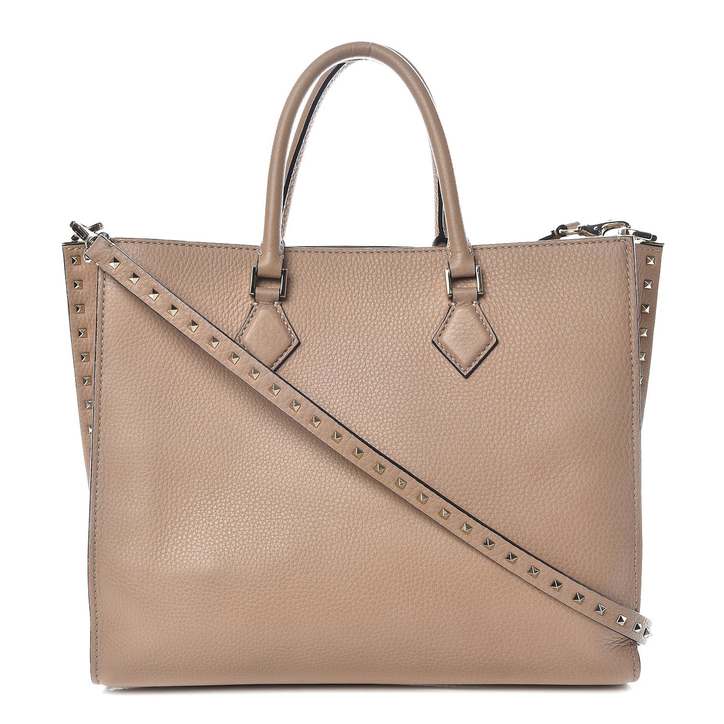 Pebbled Calfskin Rockstud Double Handle Tote Camel Rose