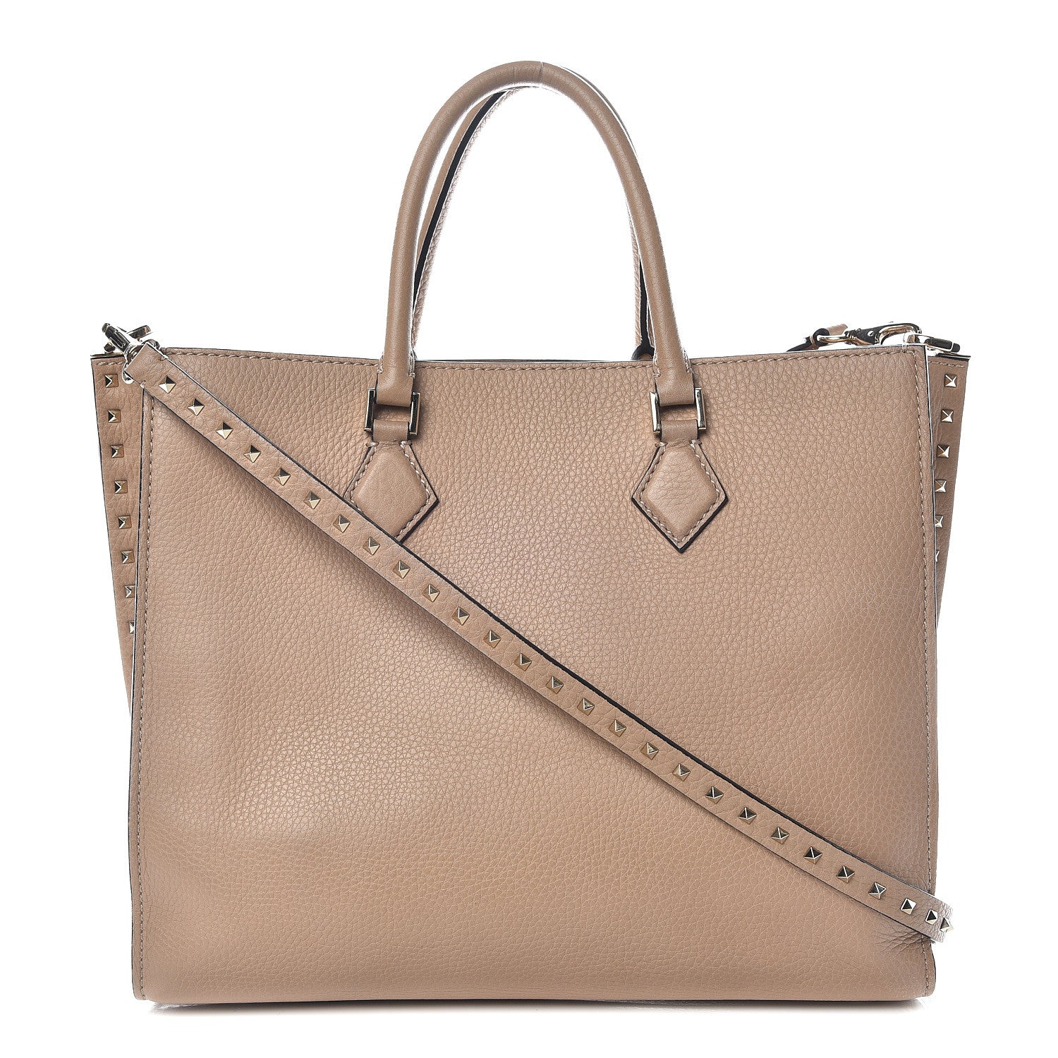 Valentino Garavani Pebbled Calfskin Rockstud Double Handle Tote Camel Rose 1 of 13
