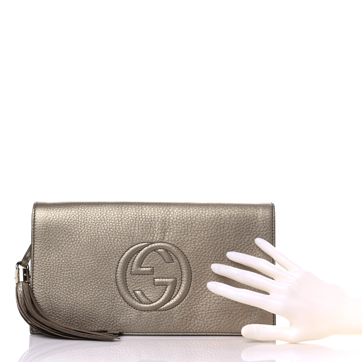 Metallic Pebbled Calfskin Medium Soho Clutch Golden Beige