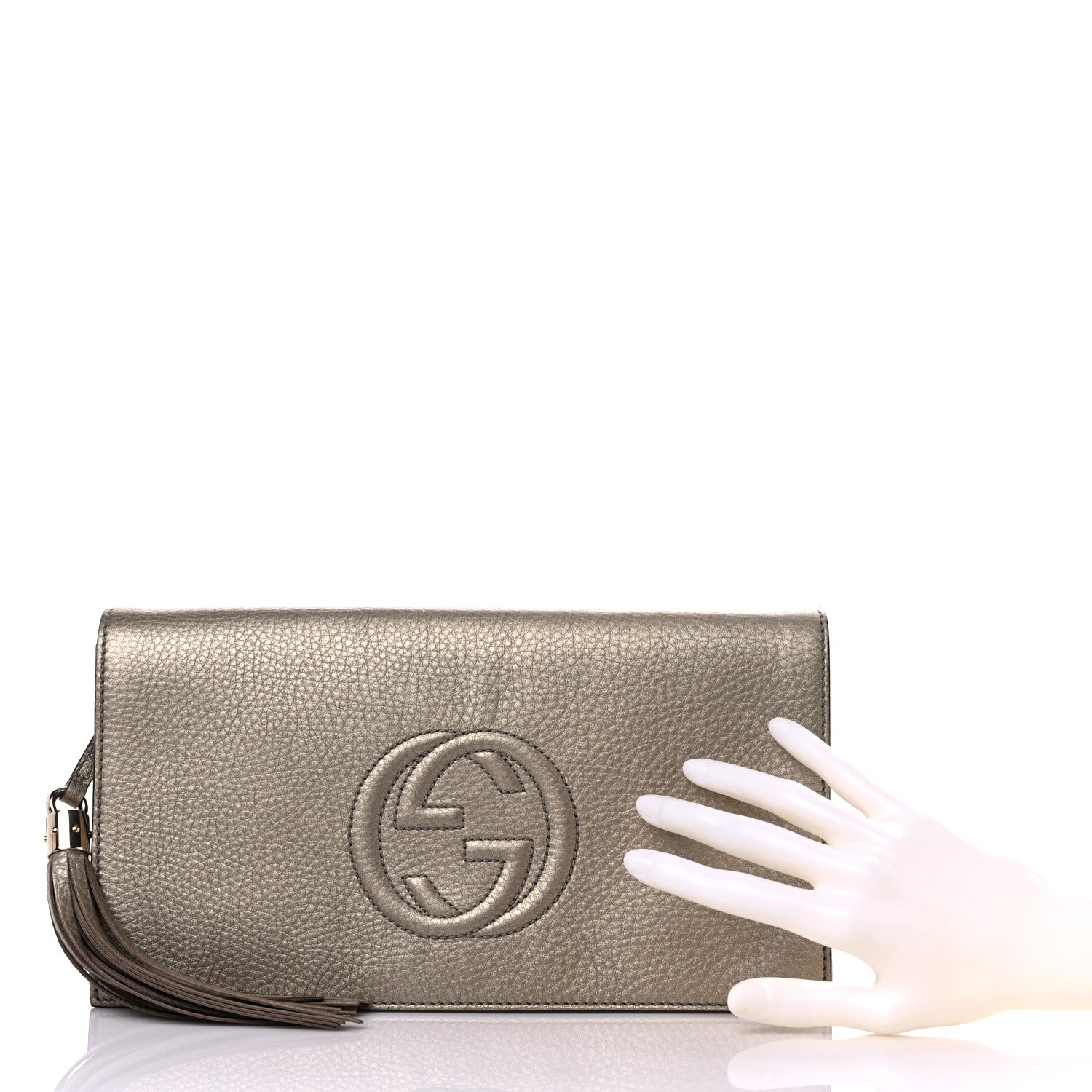 Gucci Metallic Pebbled Calfskin Medium Soho Clutch Golden Beige 3 of 10
