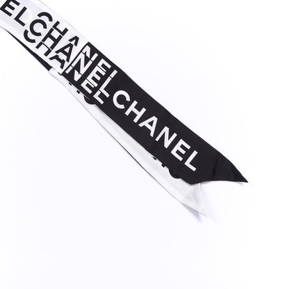 Chanel Silk Logo Slim Bandeau Scarf Black White 2 of 3