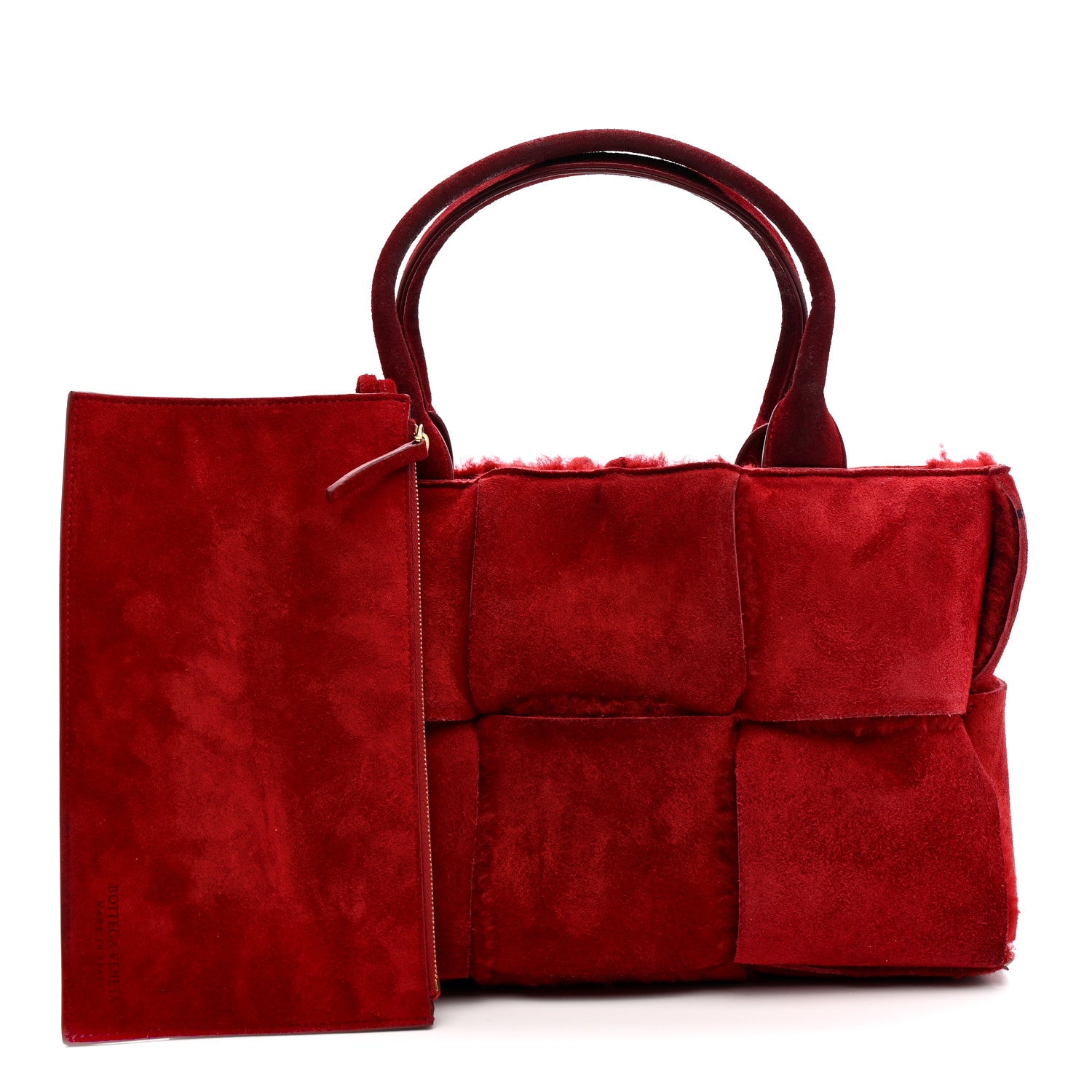 Bottega Veneta Suede Shearling Maxi Intrecciato Small Arco Tote Red 3 of 11