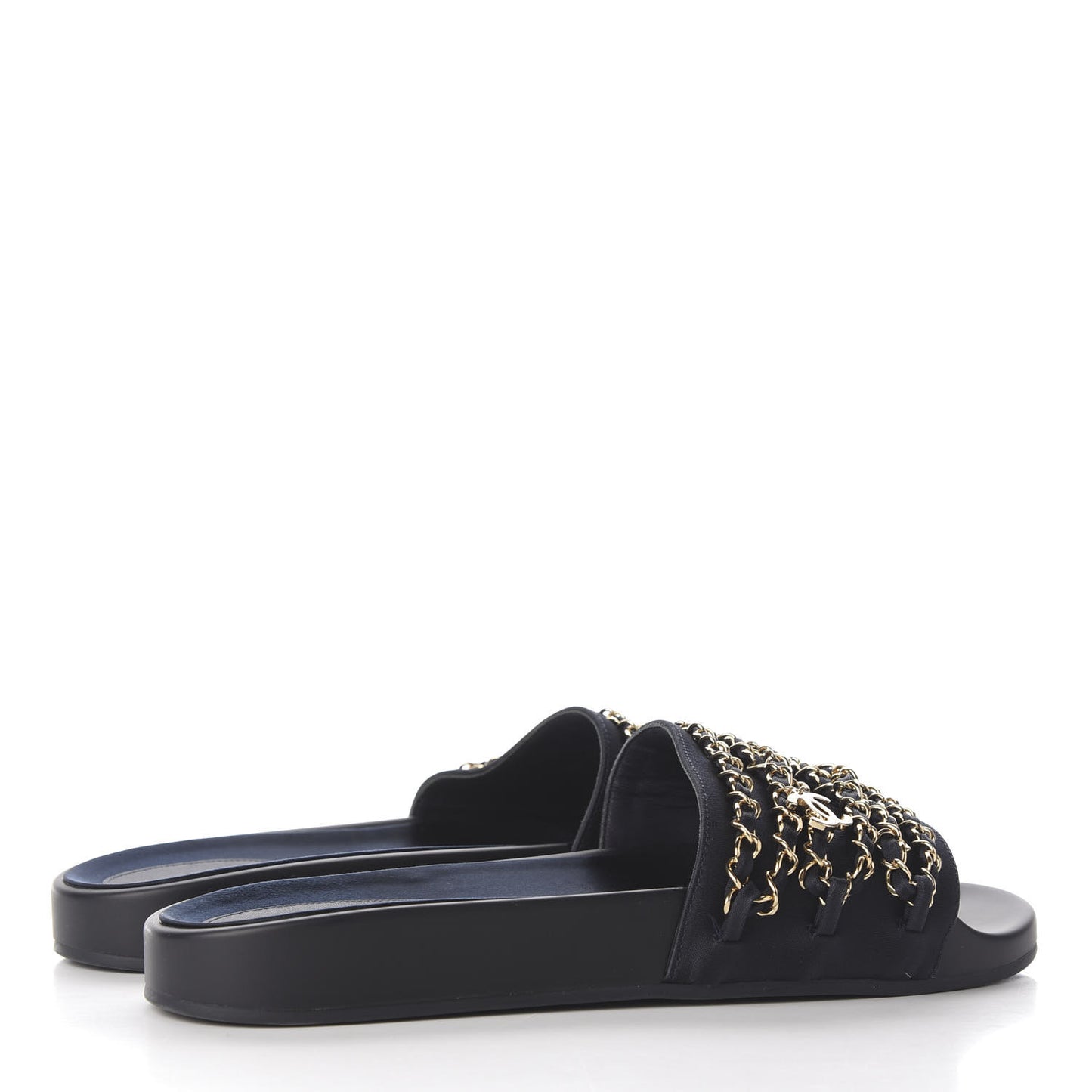 Satin Canvas Chain Slides Sandals Flats 40 Marine