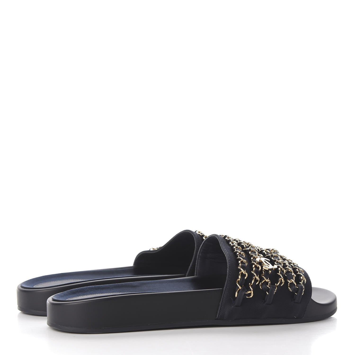 Chanel Satin Canvas Chain Slides Sandals Flats 40 Marine 4 of 11