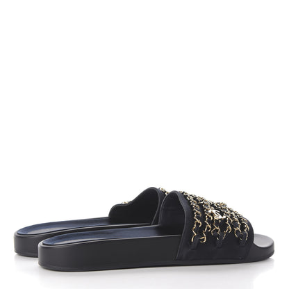 Chanel Satin Canvas Chain Slides Sandals Flats 40 Marine 4 of 11