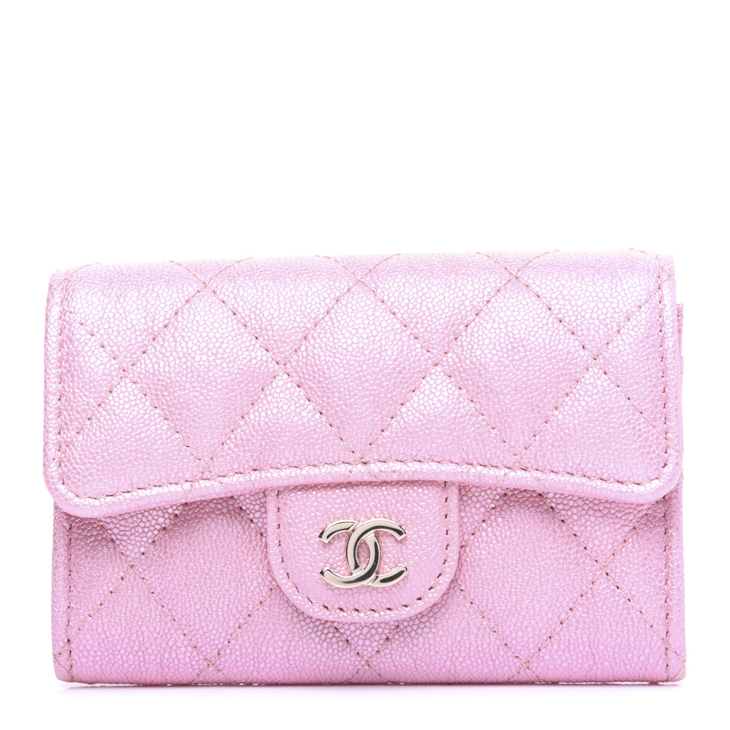 Iridescent Caviar Quilted Flap Card Holder Rose Pink