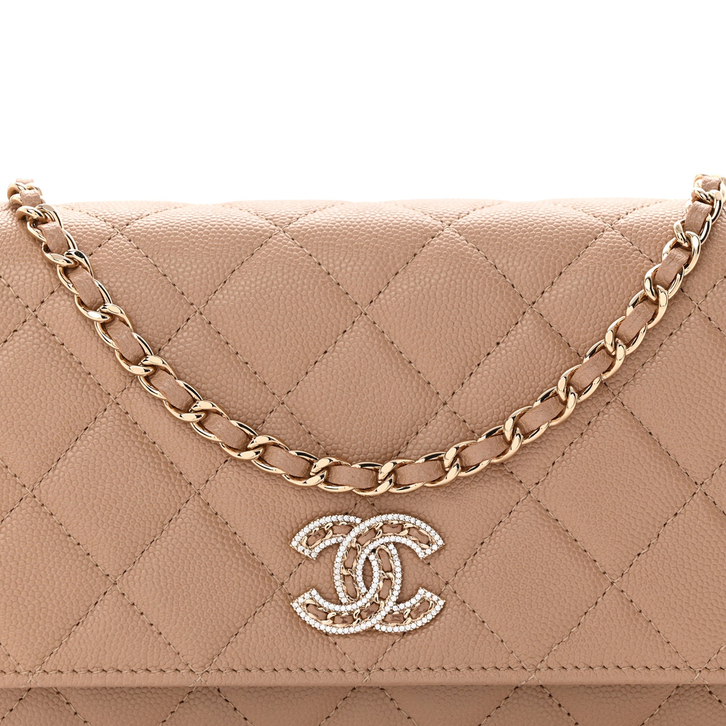 Caviar Quilted Crystal CC Wallet On Chain WOC Beige