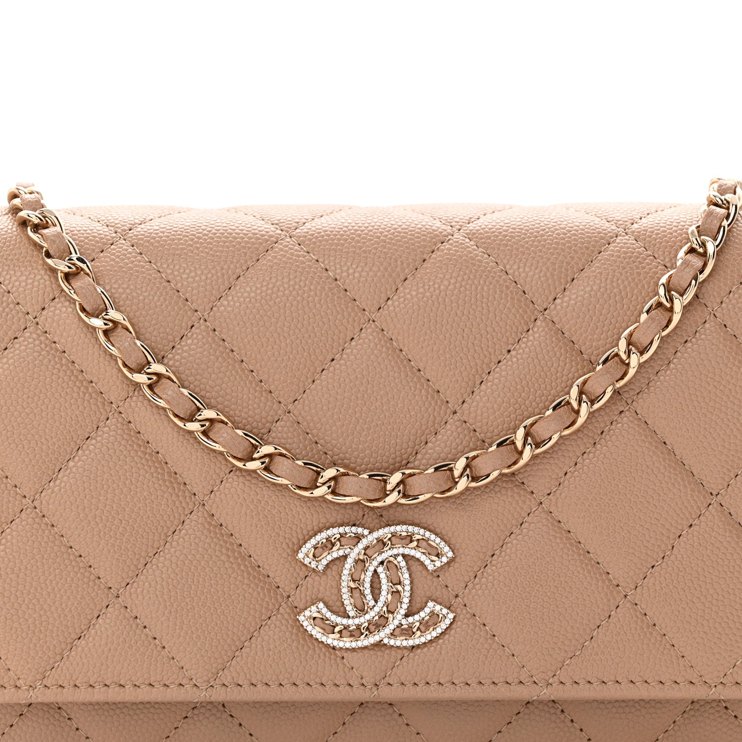 Chanel Caviar Quilted Crystal CC Wallet On Chain WOC Beige 9 of 13