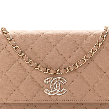 Chanel Caviar Quilted Crystal CC Wallet On Chain WOC Beige 9 of 13