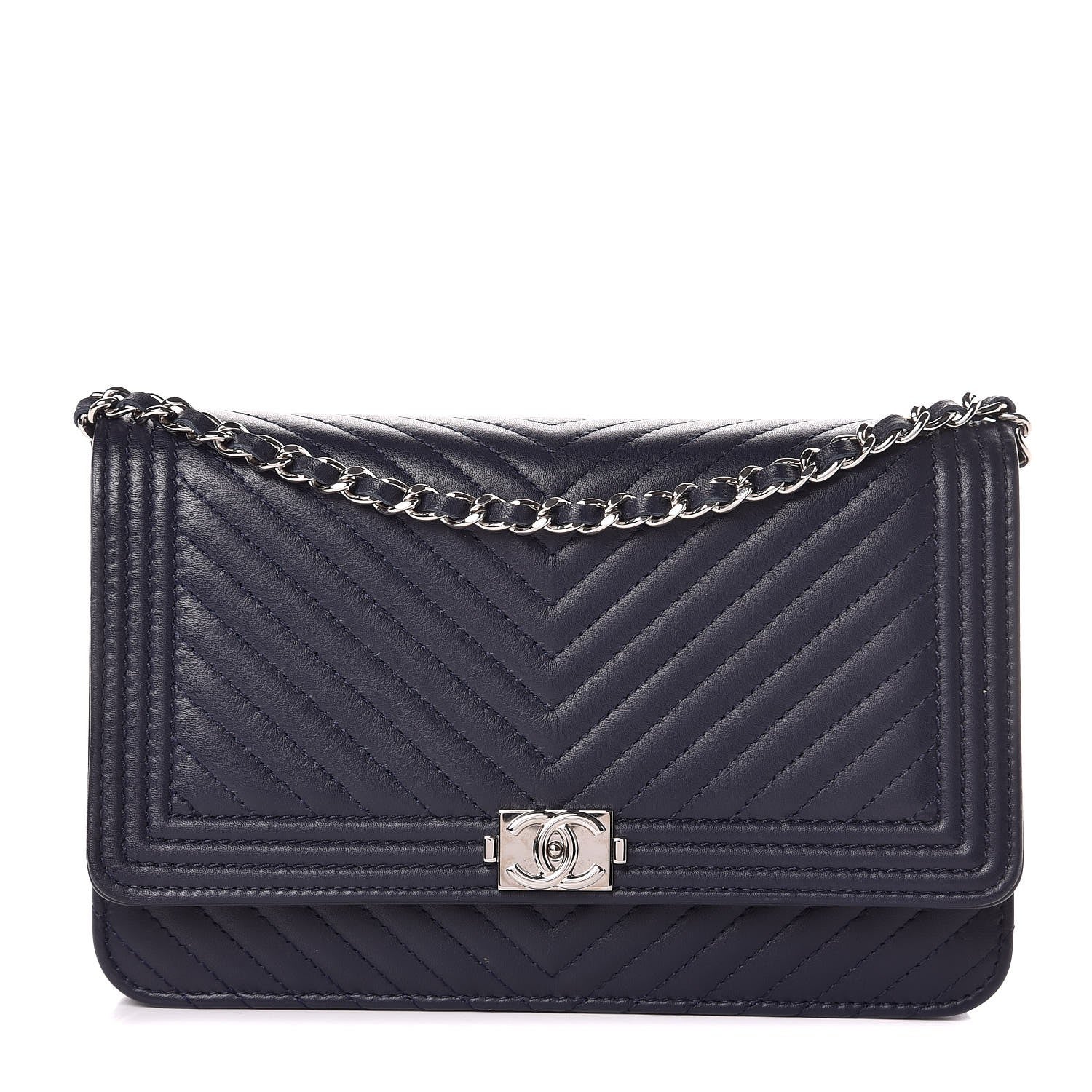 Chanel Calfskin Chevron Quilted Boy Wallet On Chain WOC Navy Blue 1 of 9