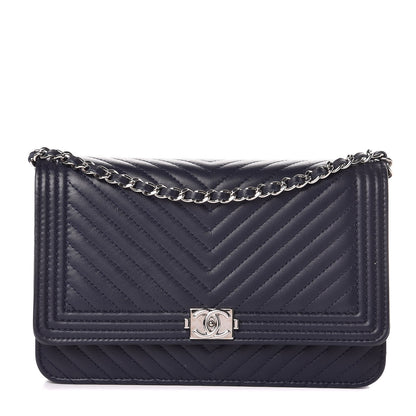 Chanel Calfskin Chevron Quilted Boy Wallet On Chain WOC Navy Blue 1 of 9
