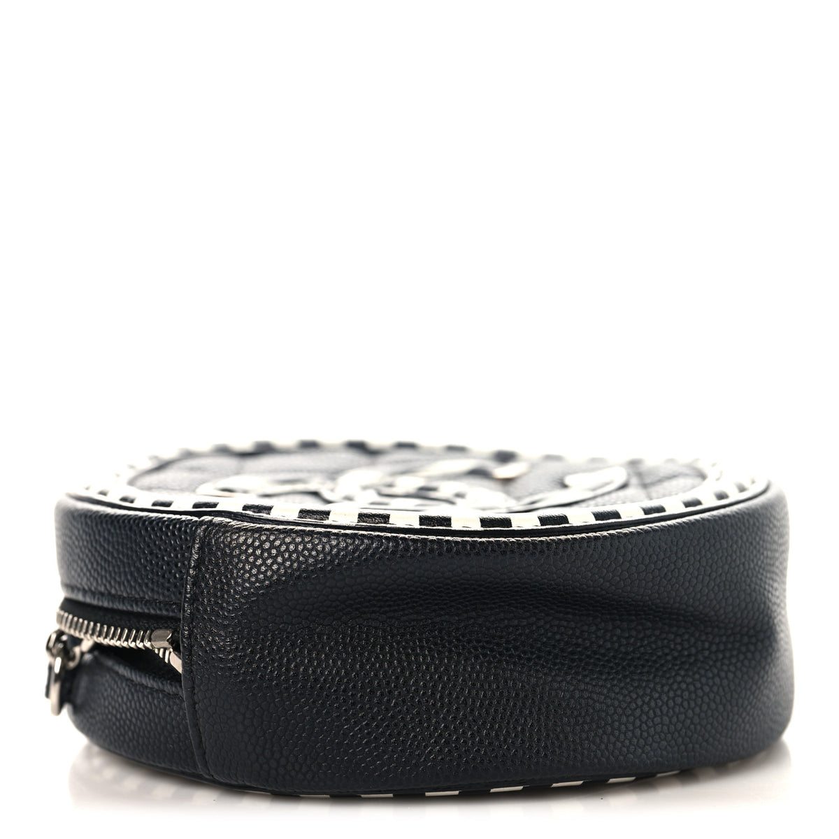 Caviar Quilted Filigree Round Clutch With Chain Black White