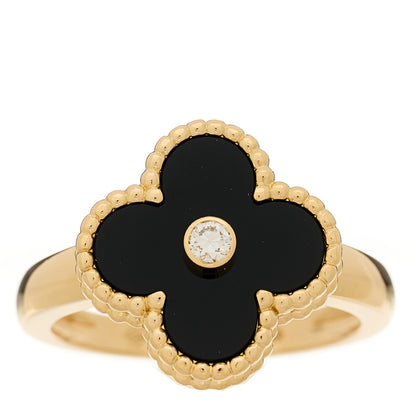 Van Cleef & Arpels 18K Yellow Gold Diamond Black Onyx Vintage Alhambra Ring 55 7.25 1 of 5