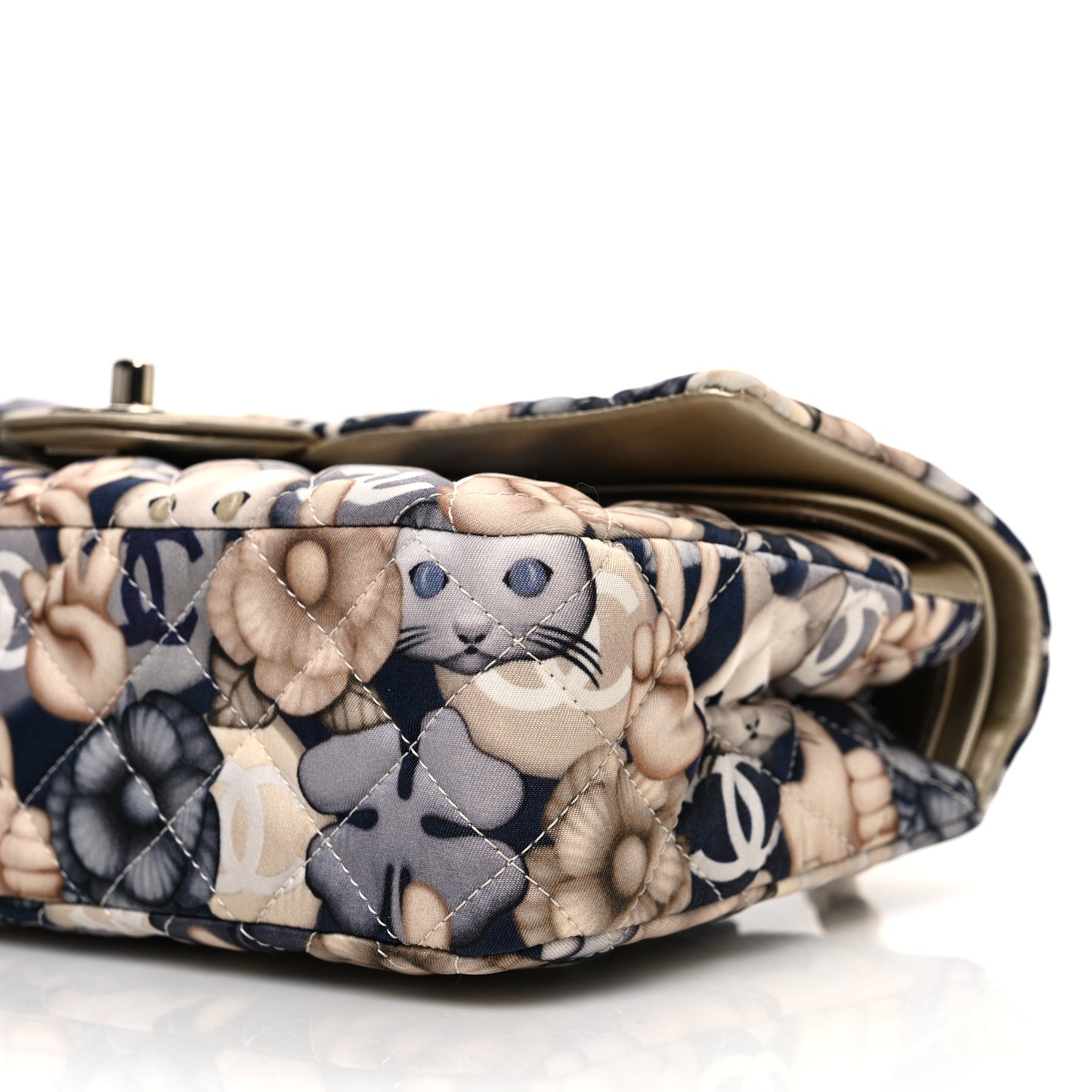 Nylon Quilted Medium Cat Emoticon Double Flap Navy Grey Ecru